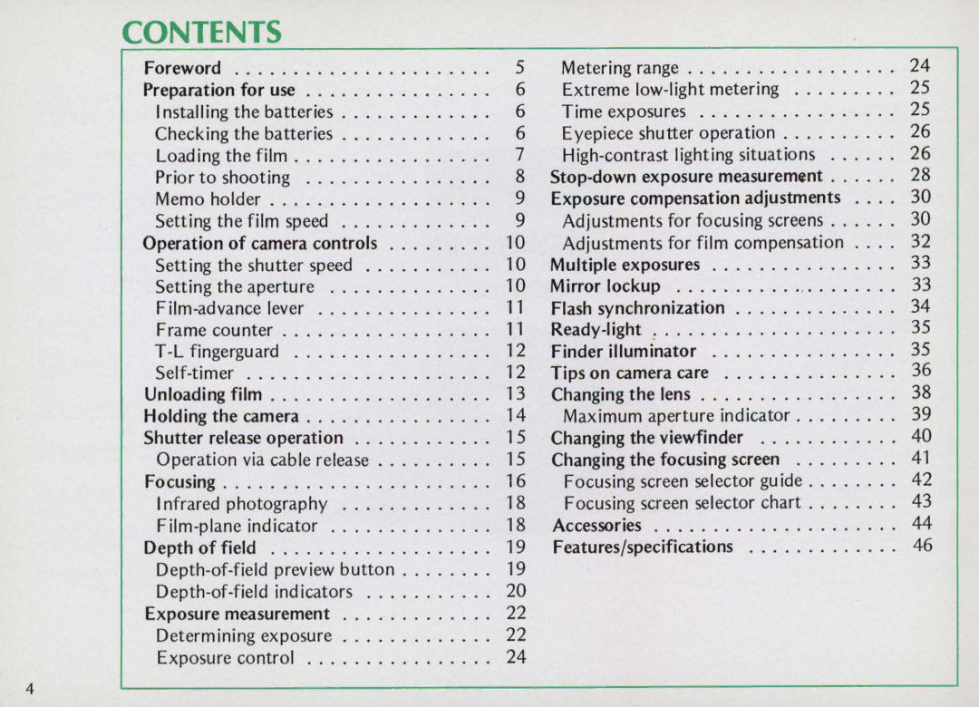 Nikon F25B manual Contents 