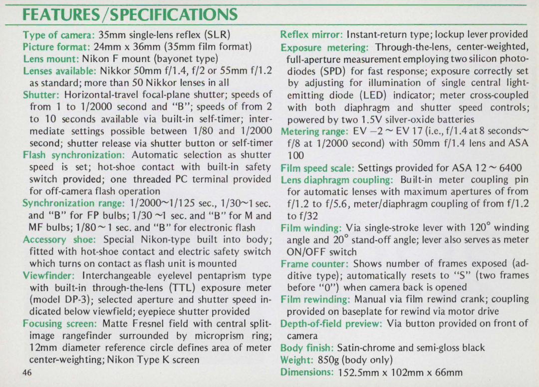 Nikon F25B manual Features/Specifications 