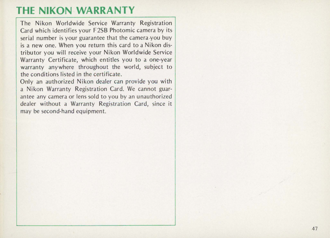 Nikon F25B manual Nikon Warranty 