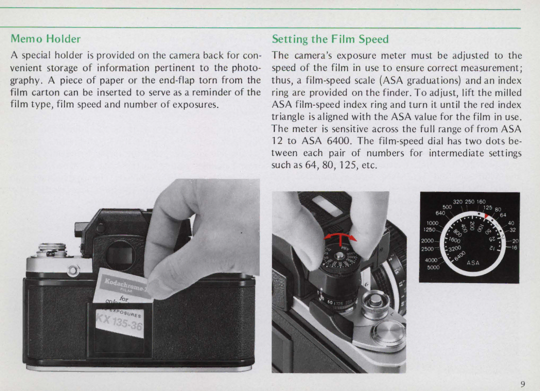 Nikon F25B manual Memo Holder, Setting the Film Speed 