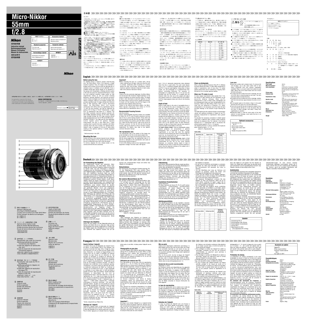 Nikon F/2.8 instruction manual Before using the lens, Recommended Focusing Screens, Reproduction ratio, Depth of field 