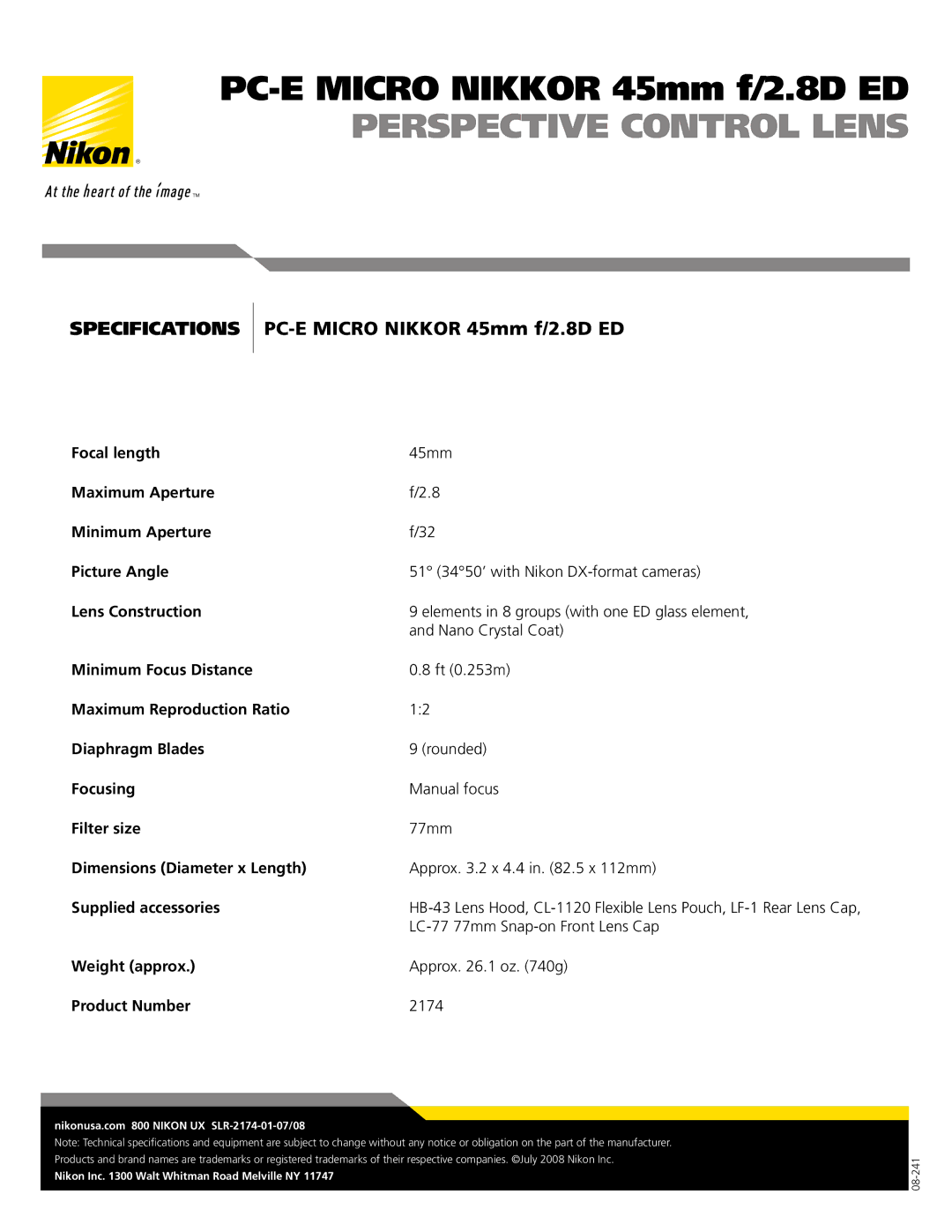 Nikon manual Specifications, PC-E Micro Nikkor 45mm f/2.8D ED 