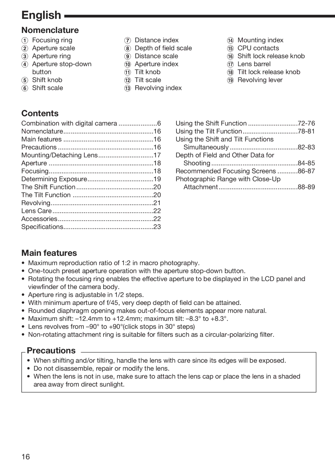 Nikon f/2.8D instruction manual Nomenclature, Contents, Main features, Precautions 