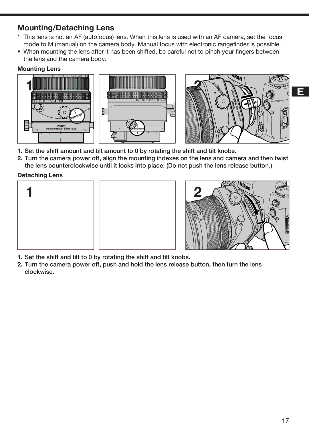 Nikon f/2.8D instruction manual Mounting/Detaching Lens, Mounting Lens 