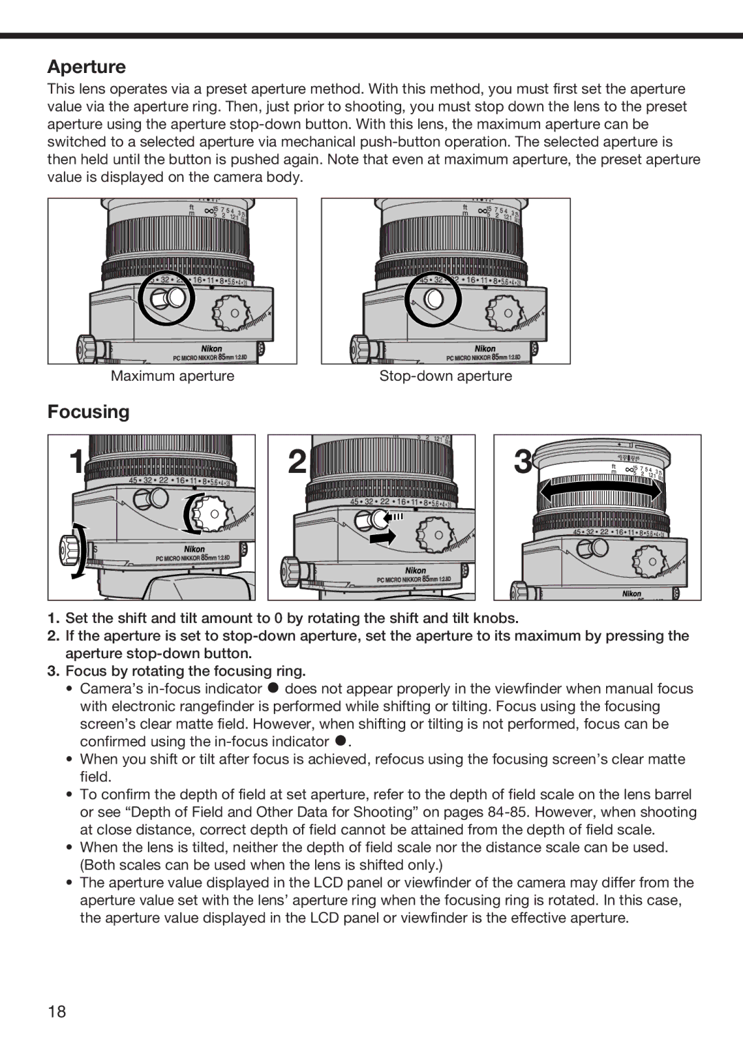 Nikon f/2.8D instruction manual Aperture, Focusing 