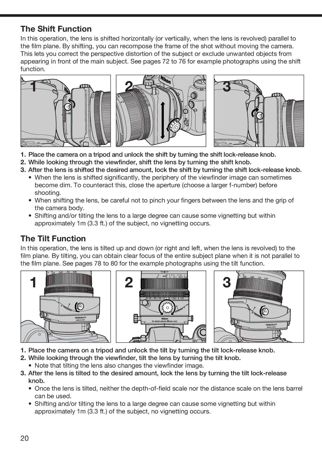 Nikon f/2.8D instruction manual Shift Function, Tilt Function 