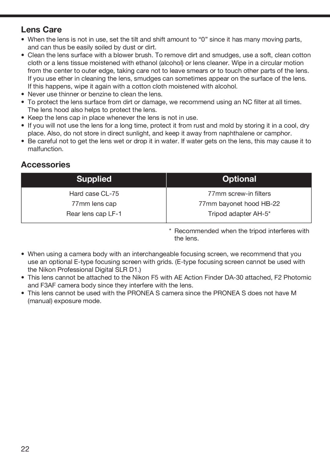 Nikon f/2.8D instruction manual Lens Care, Accessories 
