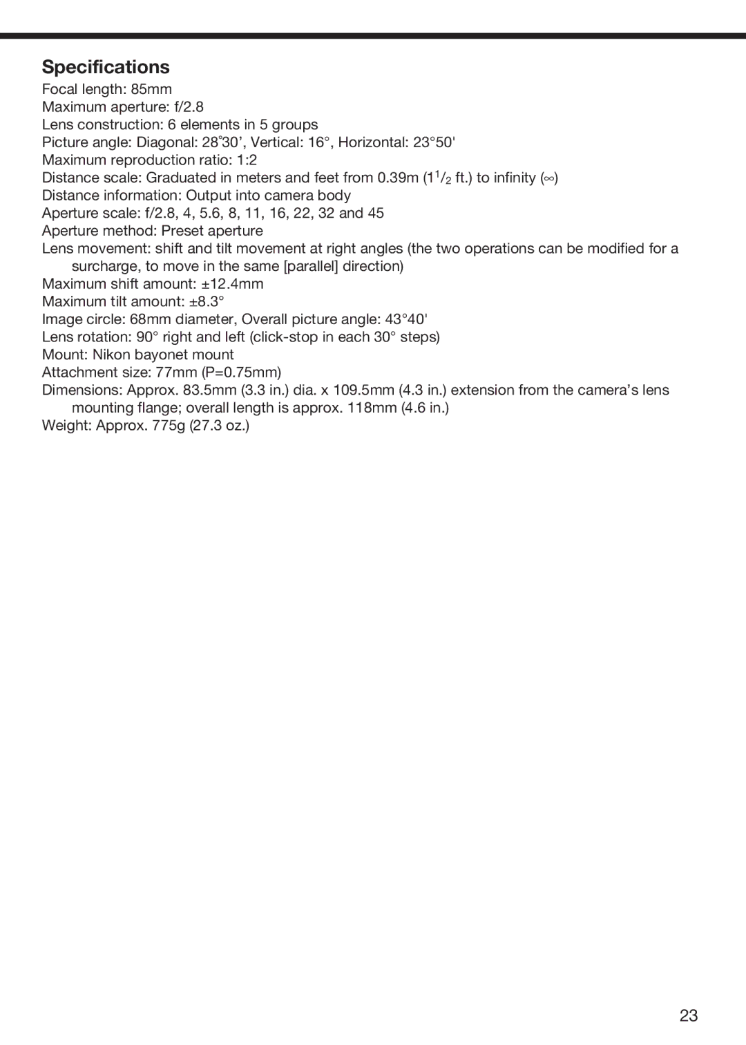 Nikon f/2.8D instruction manual Specifications 