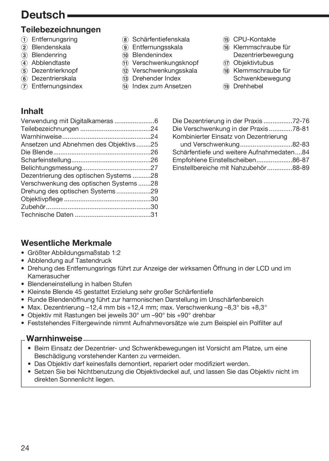 Nikon f/2.8D instruction manual Teilebezeichnungen, Inhalt, Wesentliche Merkmale, Warnhinweise 