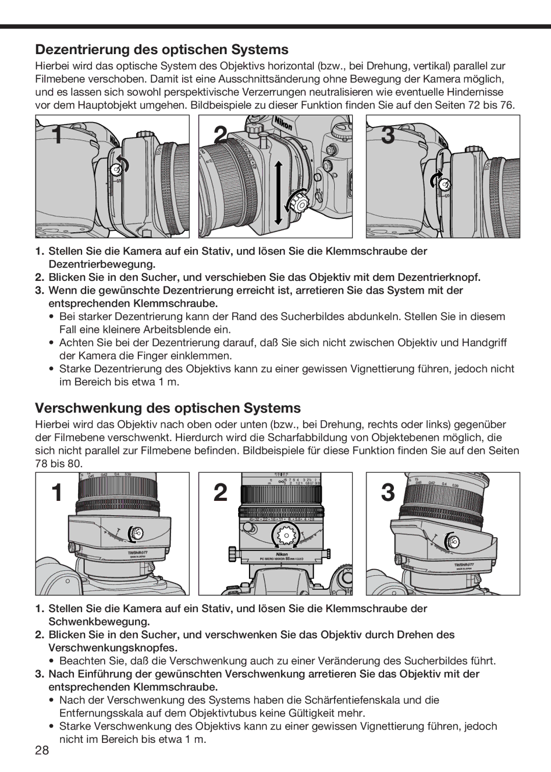 Nikon f/2.8D instruction manual Dezentrierung des optischen Systems, Verschwenkung des optischen Systems 