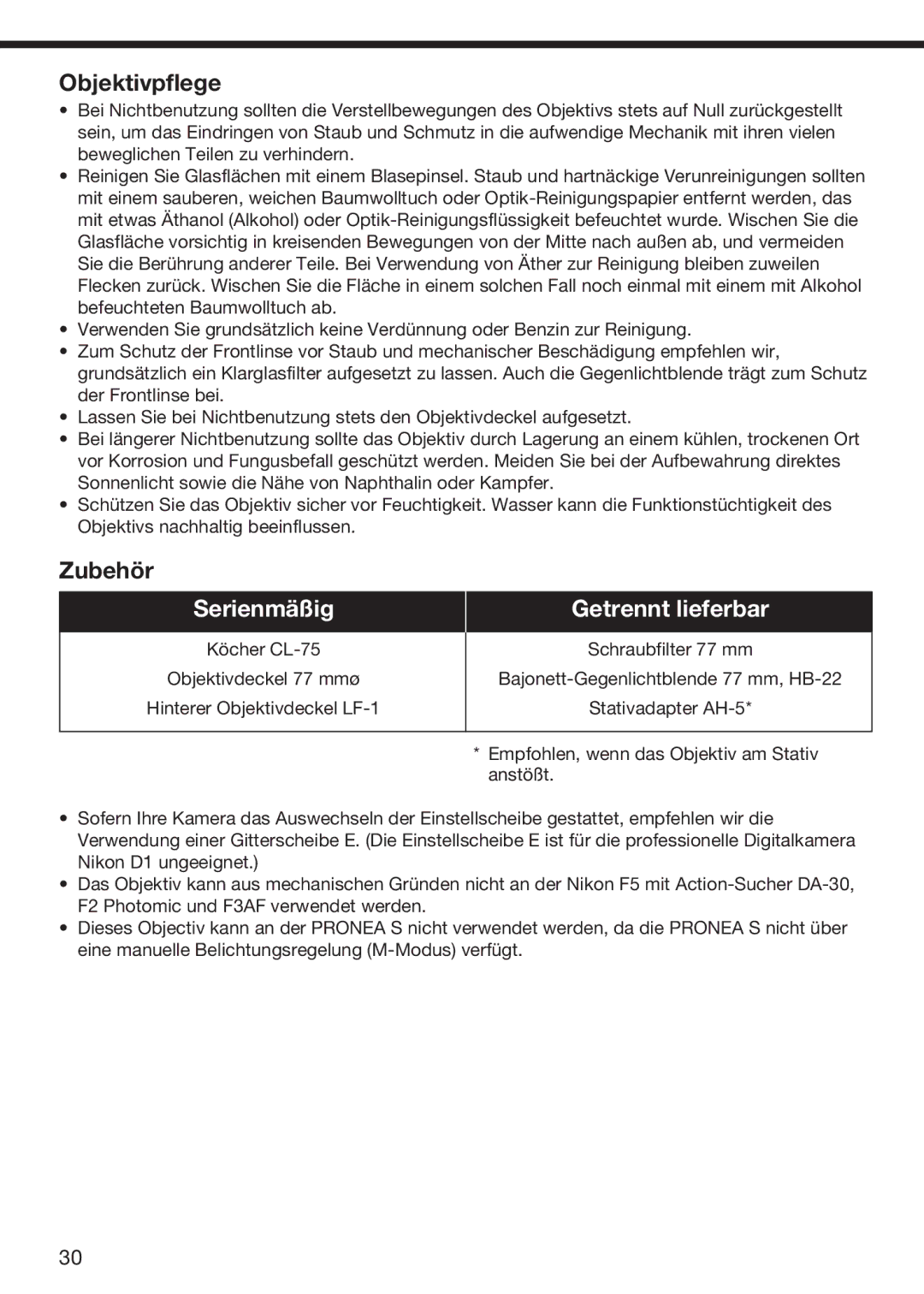Nikon f/2.8D instruction manual Objektivpflege, Zubehör 