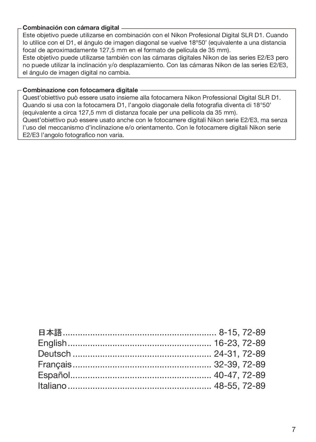 Nikon f/2.8D instruction manual Combinación con cámara digital, Combinazione con fotocamera digitale 