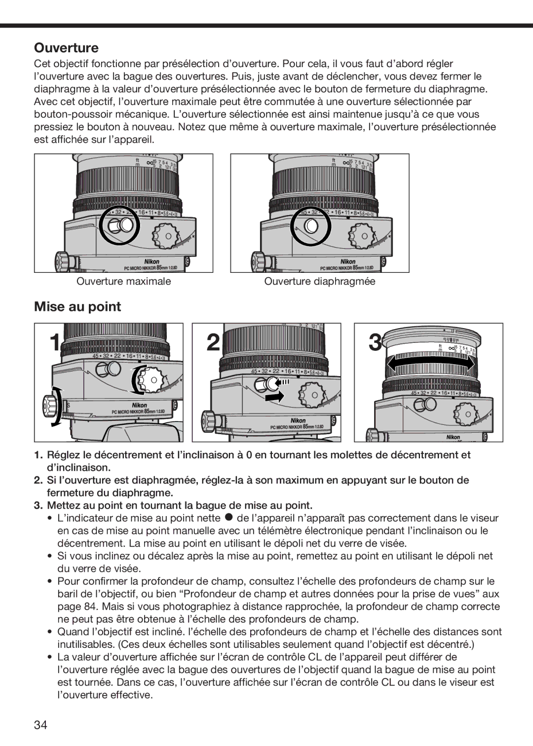 Nikon f/2.8D instruction manual Ouverture, Mise au point 