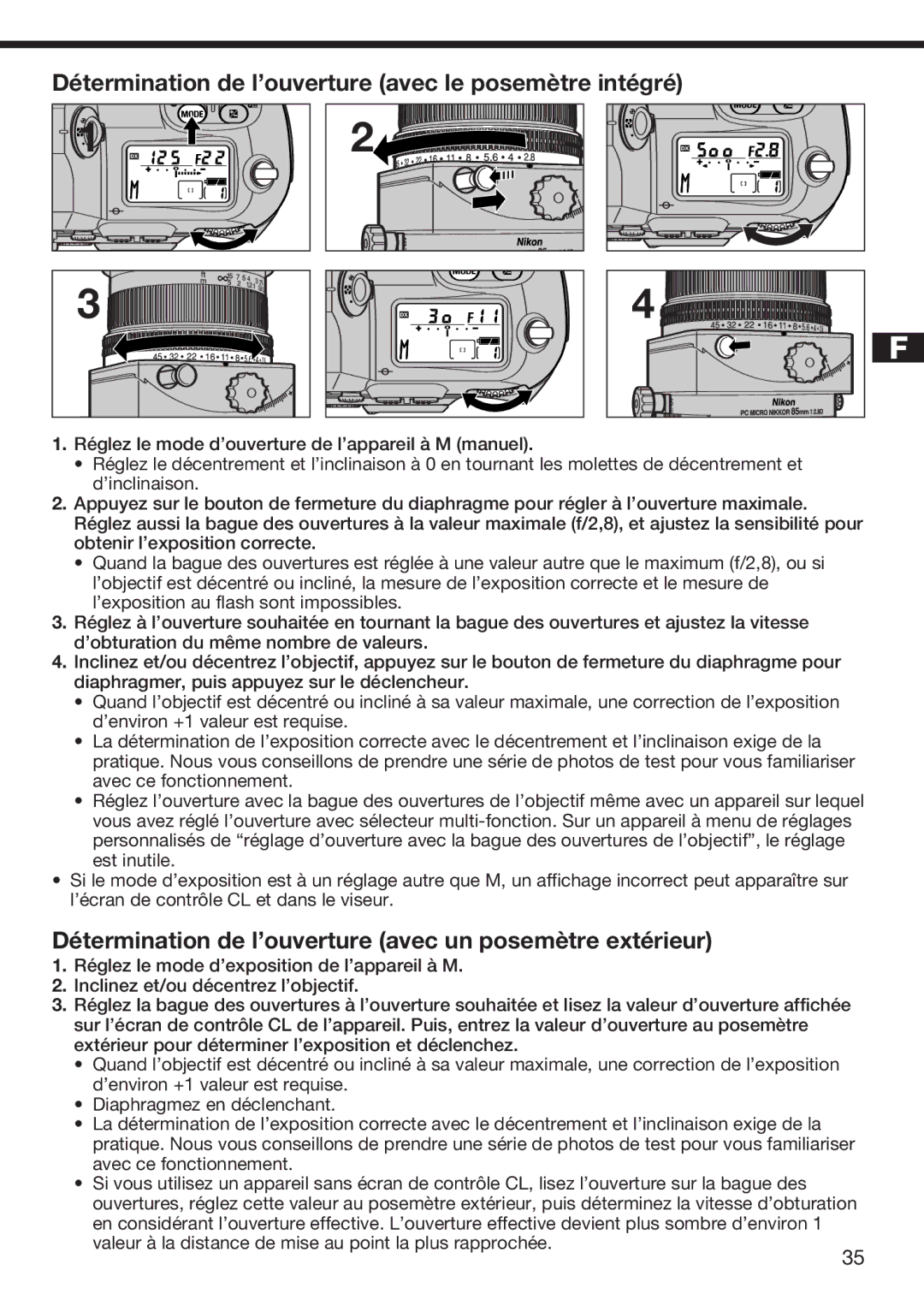 Nikon f/2.8D instruction manual Détermination de l’ouverture avec le posemètre intégré 