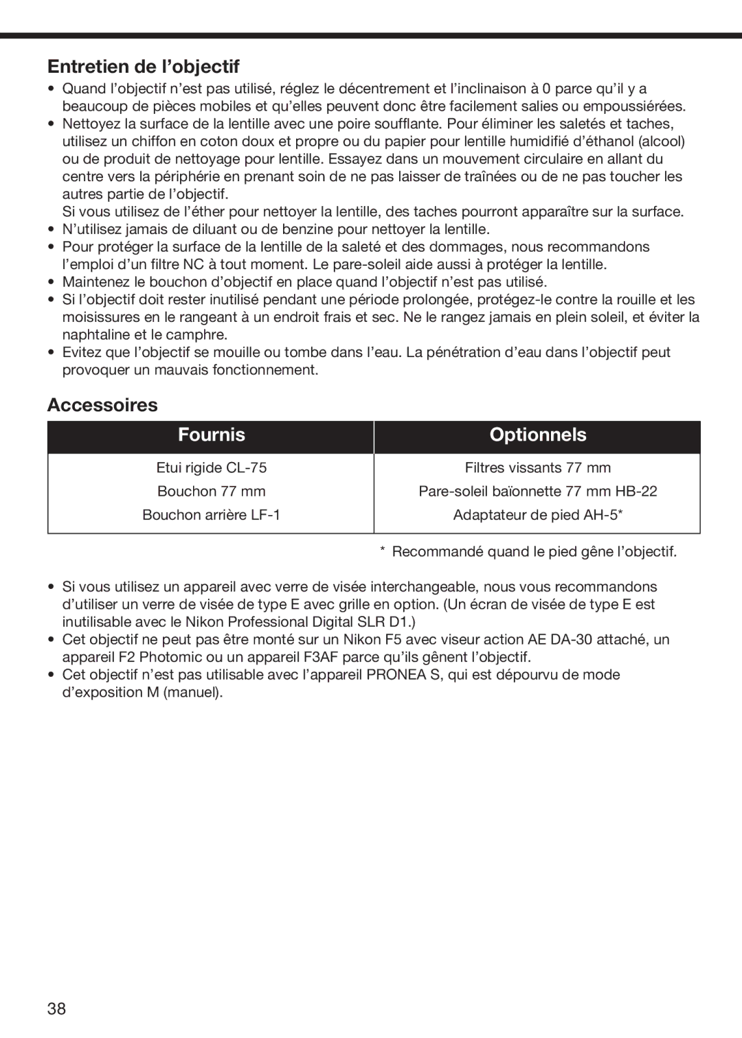Nikon f/2.8D instruction manual Entretien de l’objectif, Accessoires 
