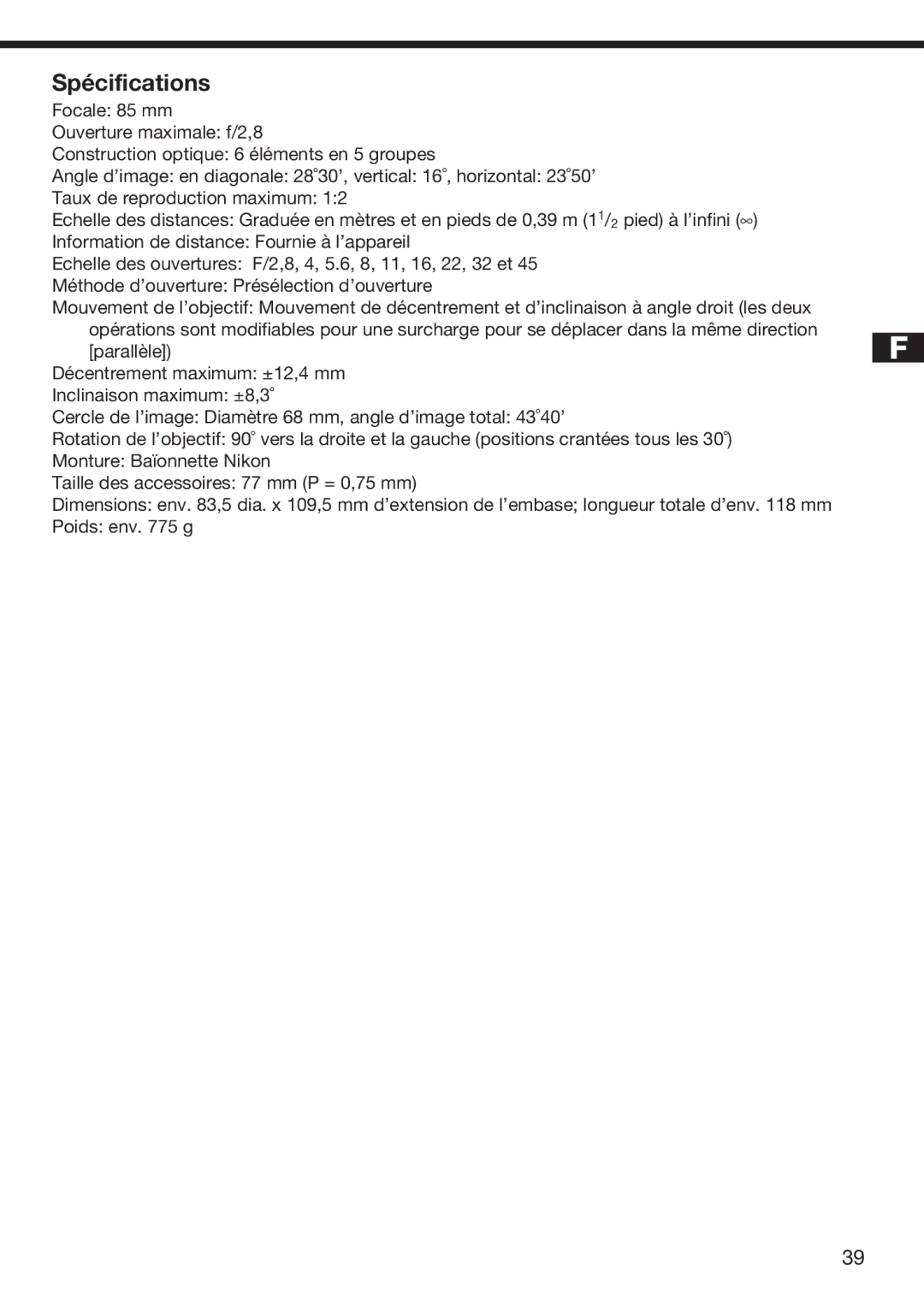 Nikon f/2.8D instruction manual Spécifications 
