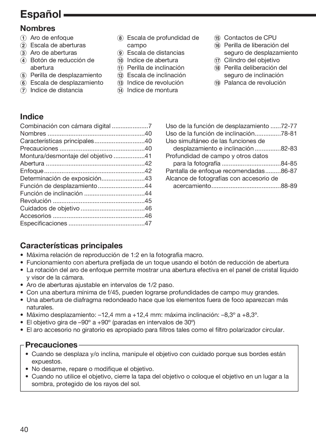 Nikon f/2.8D instruction manual Nombres, Indice, Características principales, Precauciones 