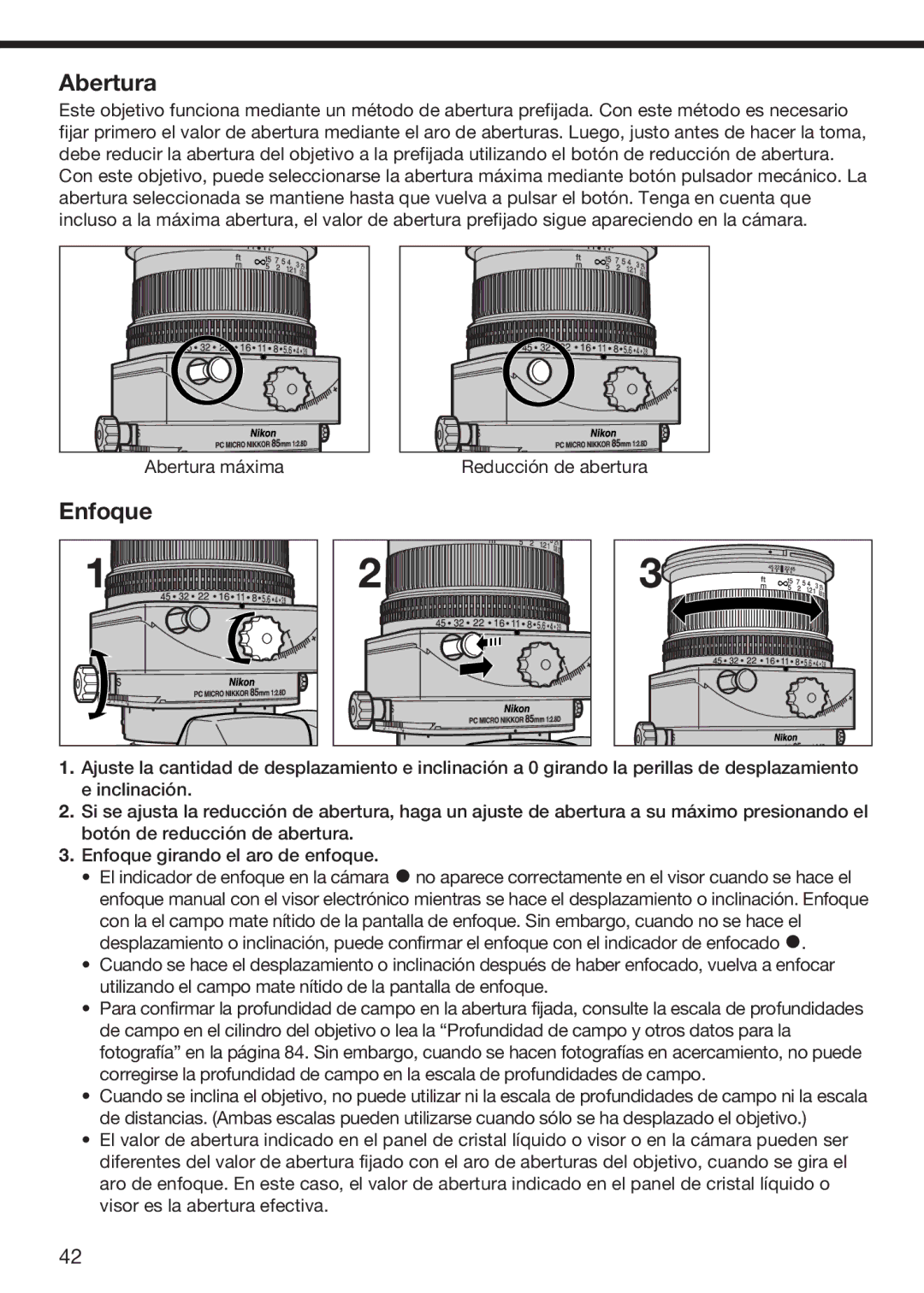 Nikon f/2.8D instruction manual Abertura, Enfoque 