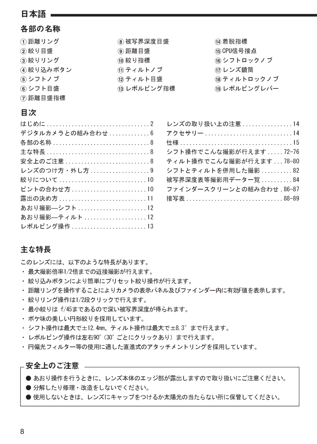 Nikon f/2.8D instruction manual 各部の名称, 主な特長, 安全上のご注意 