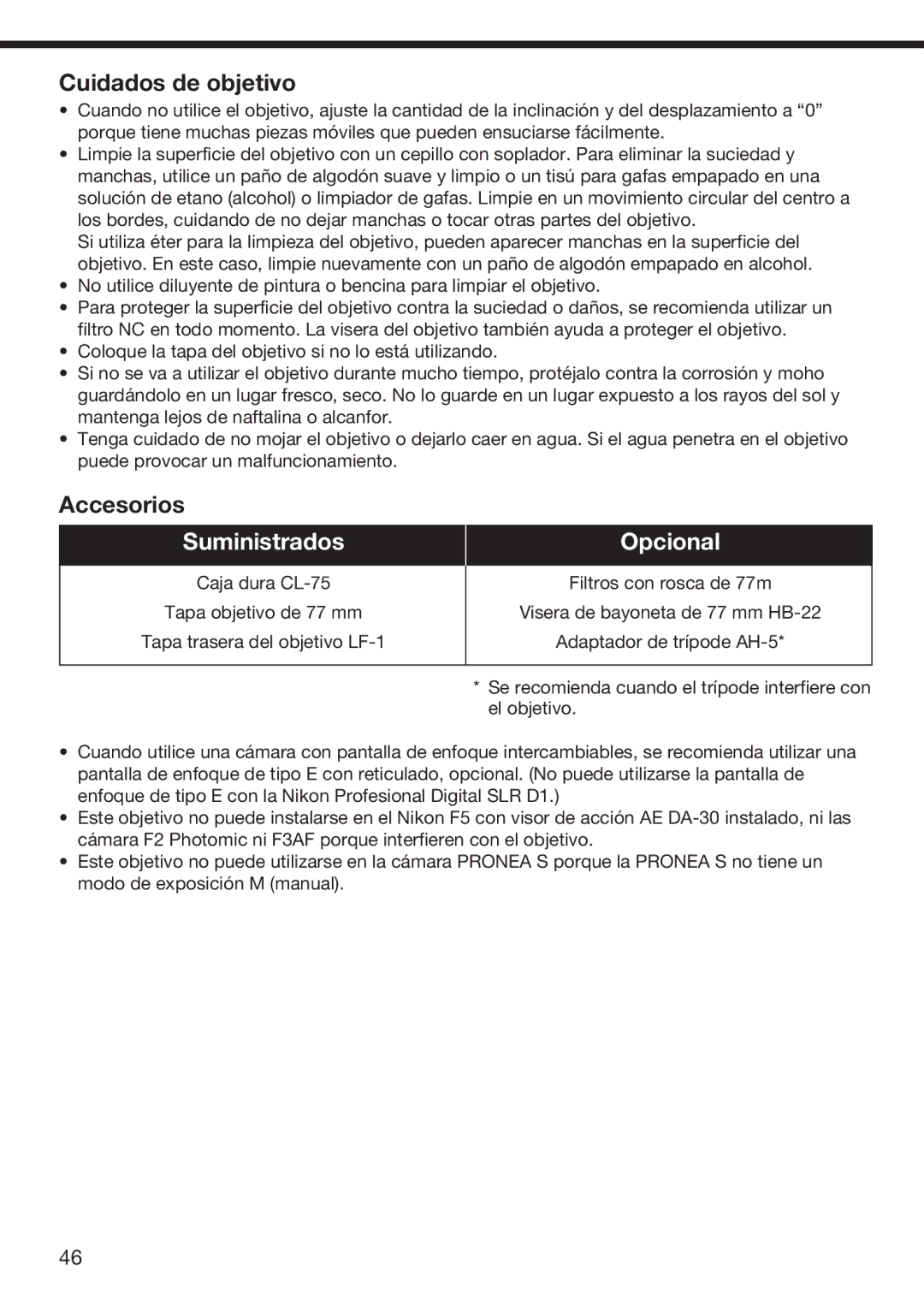 Nikon f/2.8D instruction manual Cuidados de objetivo, Accesorios 