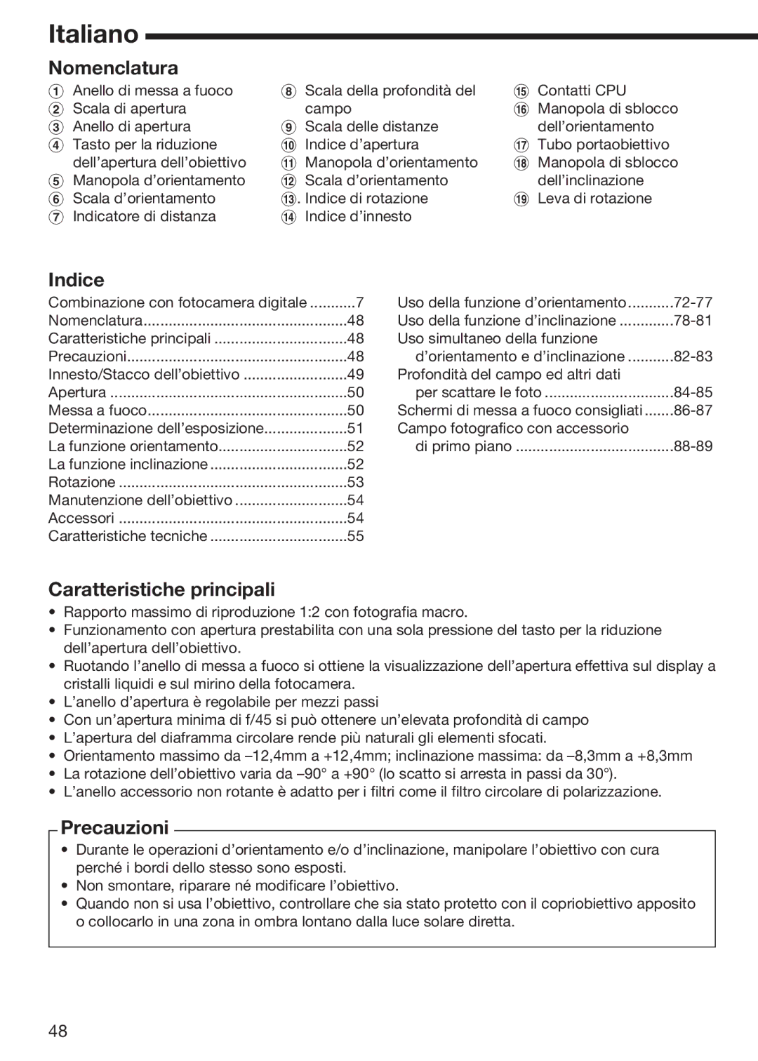 Nikon f/2.8D instruction manual Nomenclatura, Caratteristiche principali, Precauzioni 