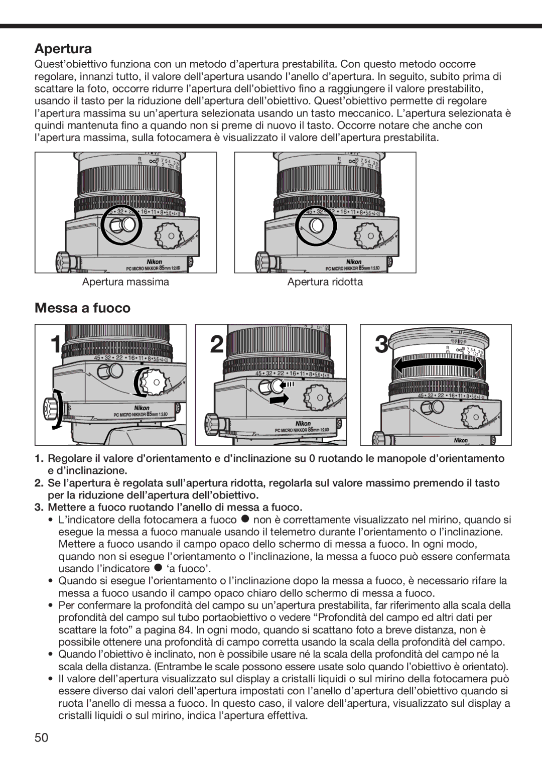 Nikon f/2.8D instruction manual Apertura, Messa a fuoco 