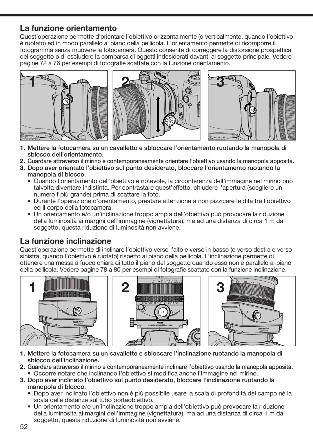 Nikon f/2.8D instruction manual La funzione orientamento, La funzione inclinazione 