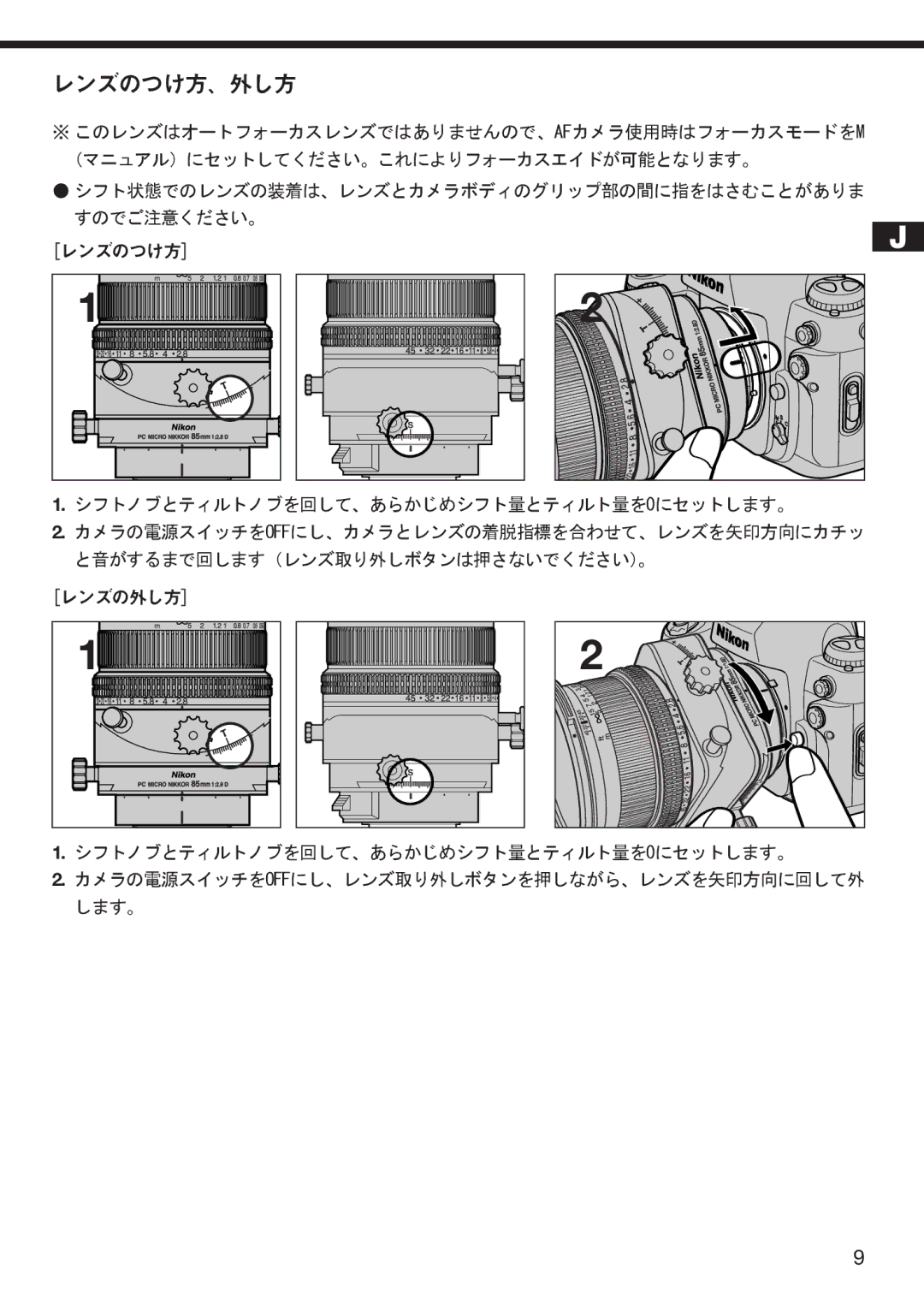 Nikon f/2.8D instruction manual レンズのつけ方、外し方 