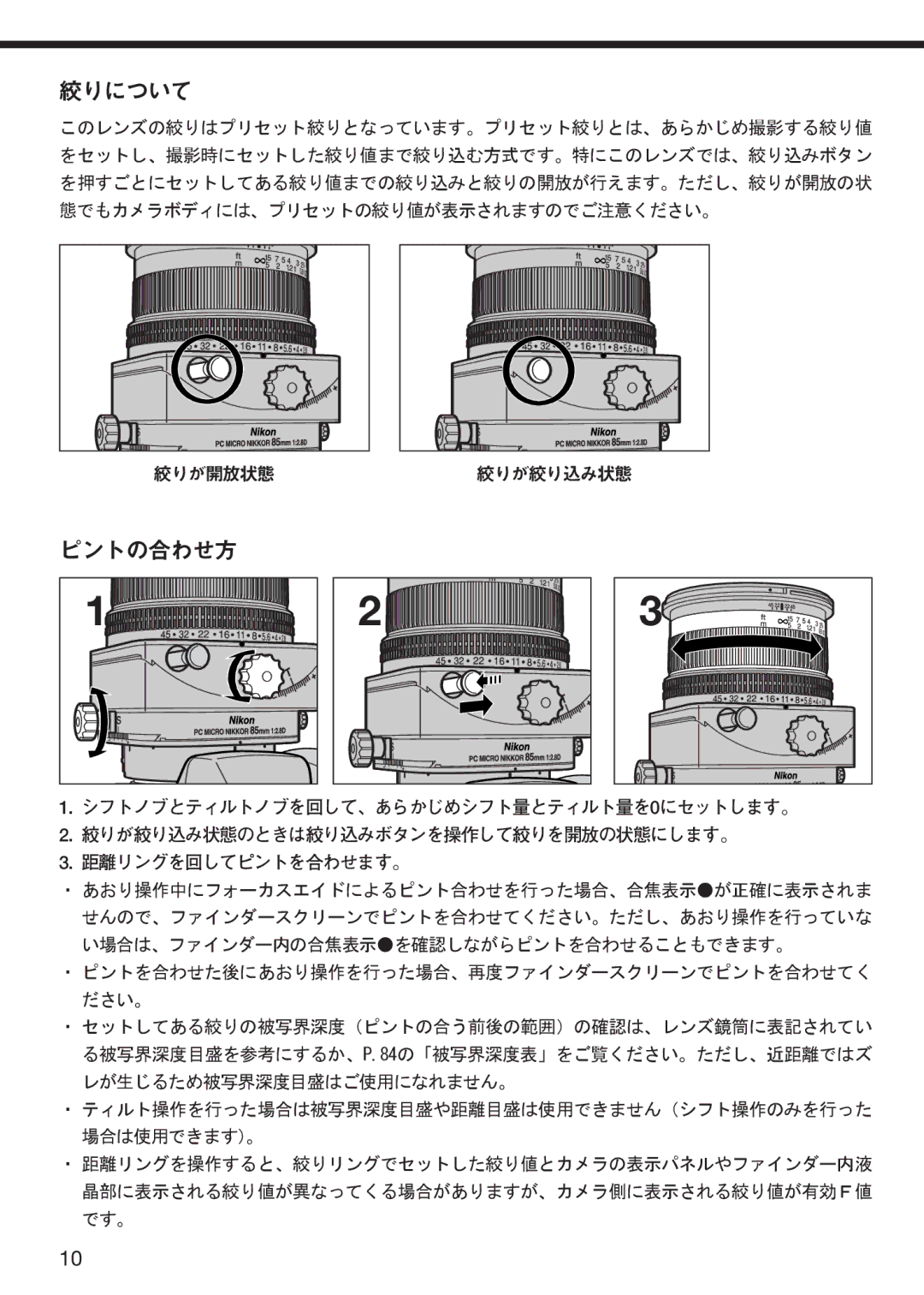 Nikon f/2.8D instruction manual 絞りについて, ピントの合わせ方 