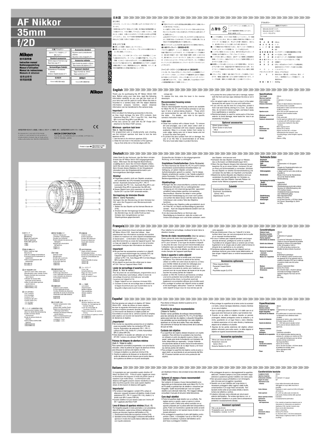 Nikon 1923 instruction manual Bedienungsanleitung, Manuel dutilisation, Manuale di istruzioni, Wichtig, Objektivpflege 