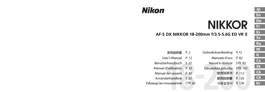 Nikon 2192B user manual AF-S DX Nikkor 18-200mm f/3.5-5.6G ED VR, Pykoводство пользoвaтеля CTP 