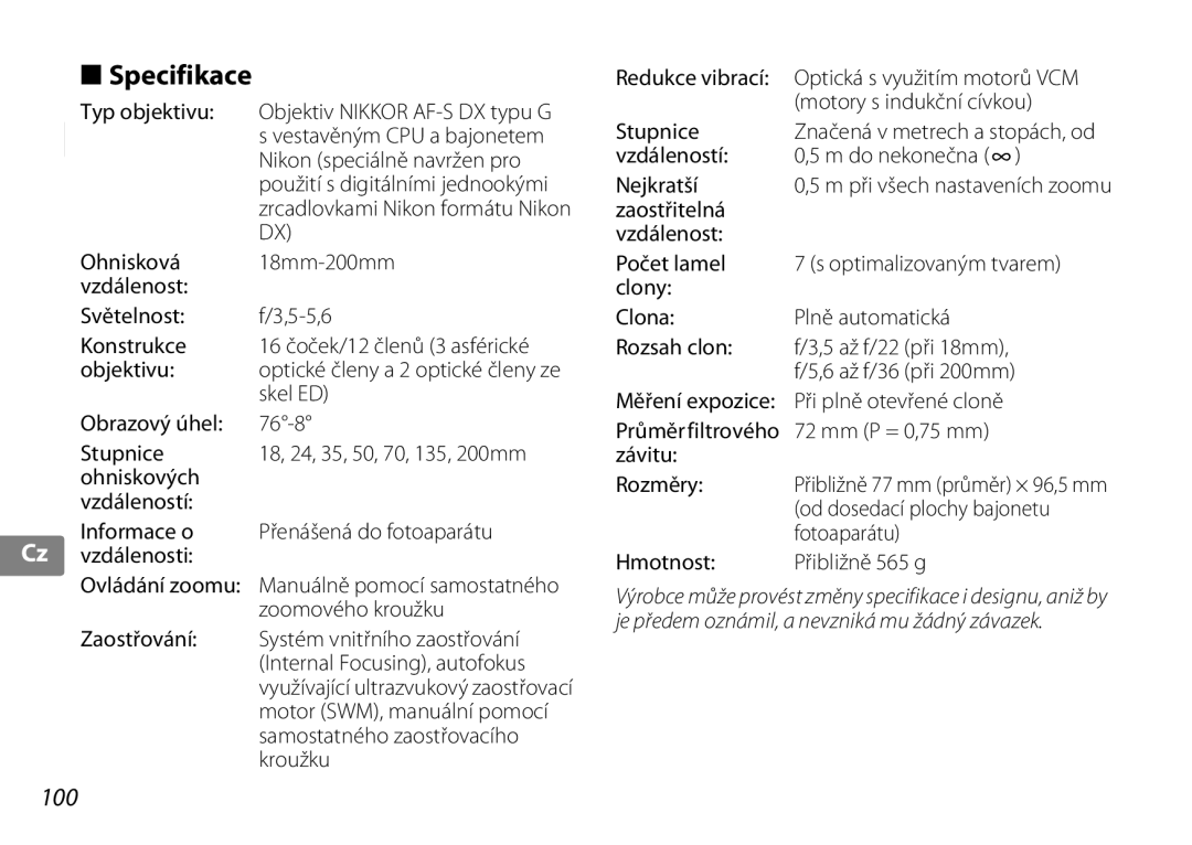 Nikon 2192B, f/3.5-5.6G ED VR user manual Specifikace, 100 