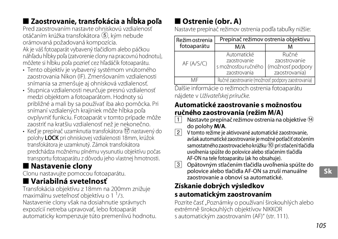 Nikon f/3.5-5.6G ED VR Nastavenie clony, Variabilná svetelnosť, Ostrenie obr. a, Zaostrovanie, transfokácia a hĺbka poľa 