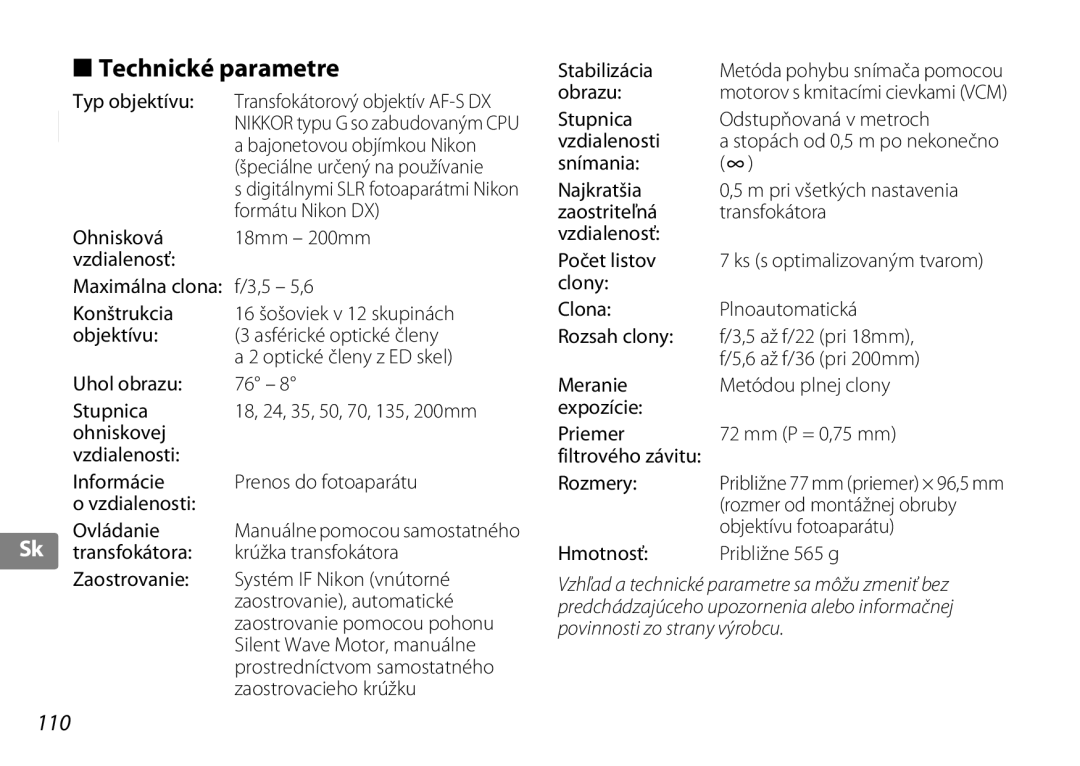 Nikon f/3.5-5.6G ED VR, 2192B user manual Technické parametre, 110 