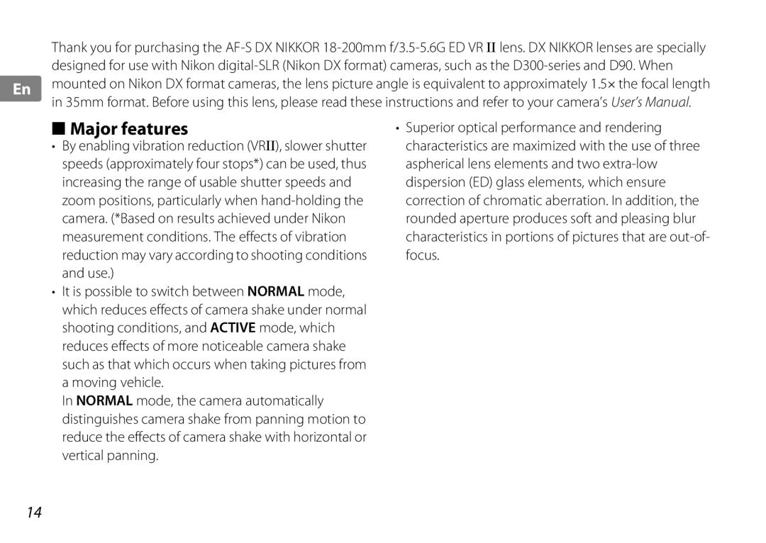 Nikon f/3.5-5.6G ED VR, 2192B user manual Major features 