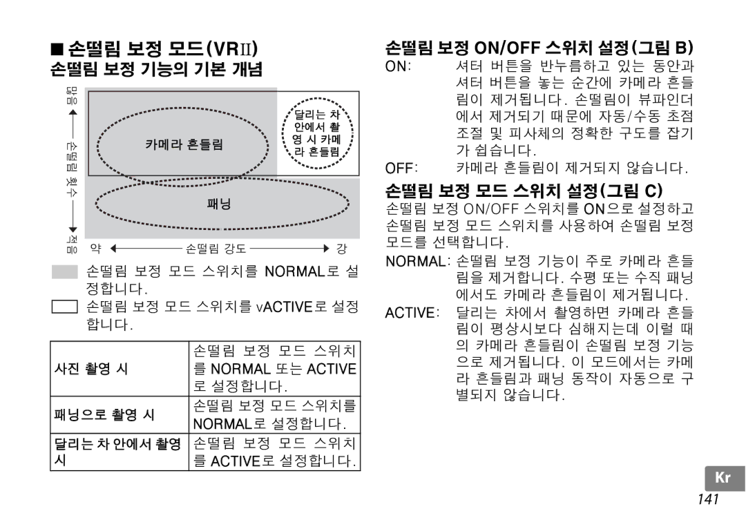 Nikon f/3.5-5.6G ED VR, 2192B user manual 141, Normal로 설정합니다, Active로 설정합니다 