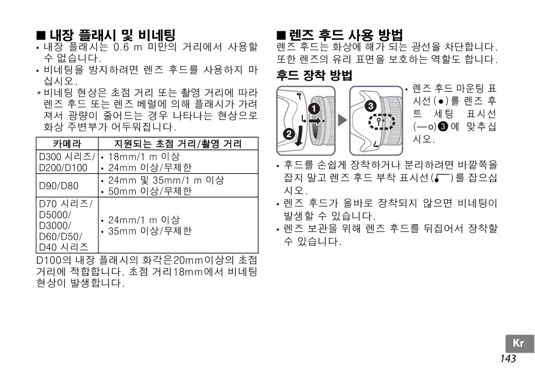 Nikon f/3.5-5.6G ED VR, 2192B 143, 카메라 지원되는 초점 거리/촬영 거리, 렌즈 후드는 화상에 해가 되는 광선을 차단합니다. 또한 렌즈의 유리 표면을 보호하는 역할도 합니다 