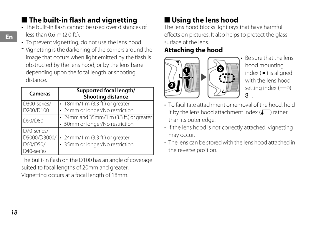 Nikon f/3.5-5.6G ED VR, 2192B user manual Built-in flash and vignetting, Using the lens hood, Attaching the hood 