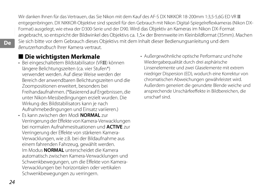 Nikon f/3.5-5.6G ED VR, 2192B user manual Die wichtigsten Merkmale 