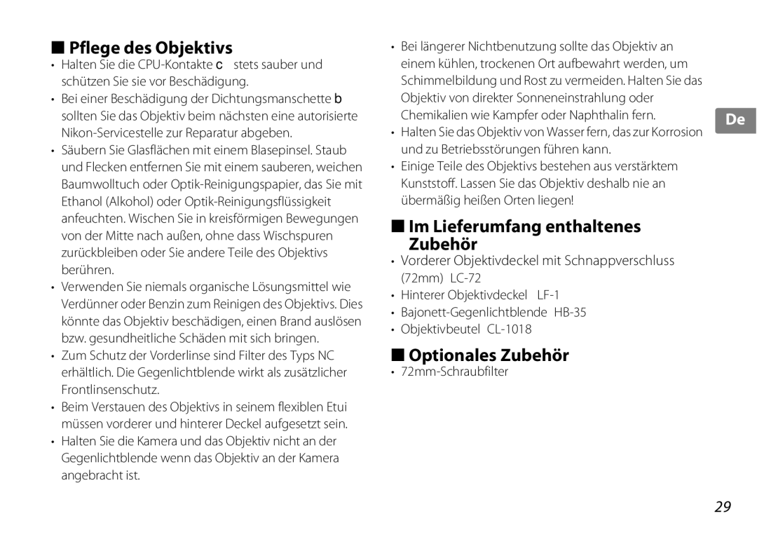 Nikon 2192B Pflege des Objektivs, Im Lieferumfang enthaltenes Zubehör, Optionales Zubehör, 72mm-Schraubfilter 