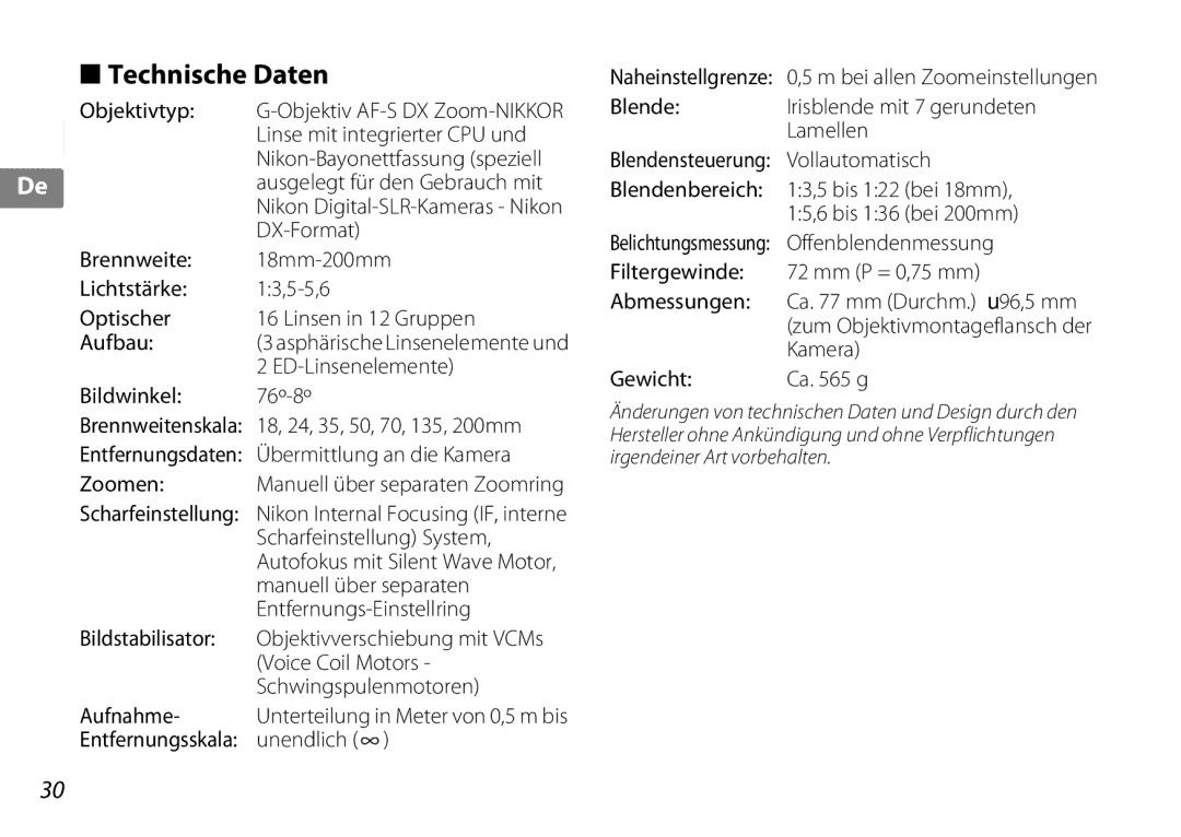 Nikon f/3.5-5.6G ED VR, 2192B user manual Technische Daten 