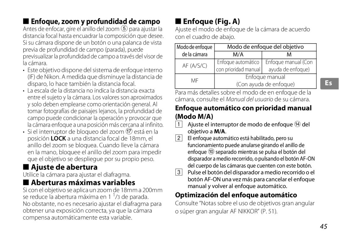 Nikon f/3.5-5.6G ED VR, 2192B user manual Ajuste de abertura, Aberturas máximas variables, Enfoque Fig. a 