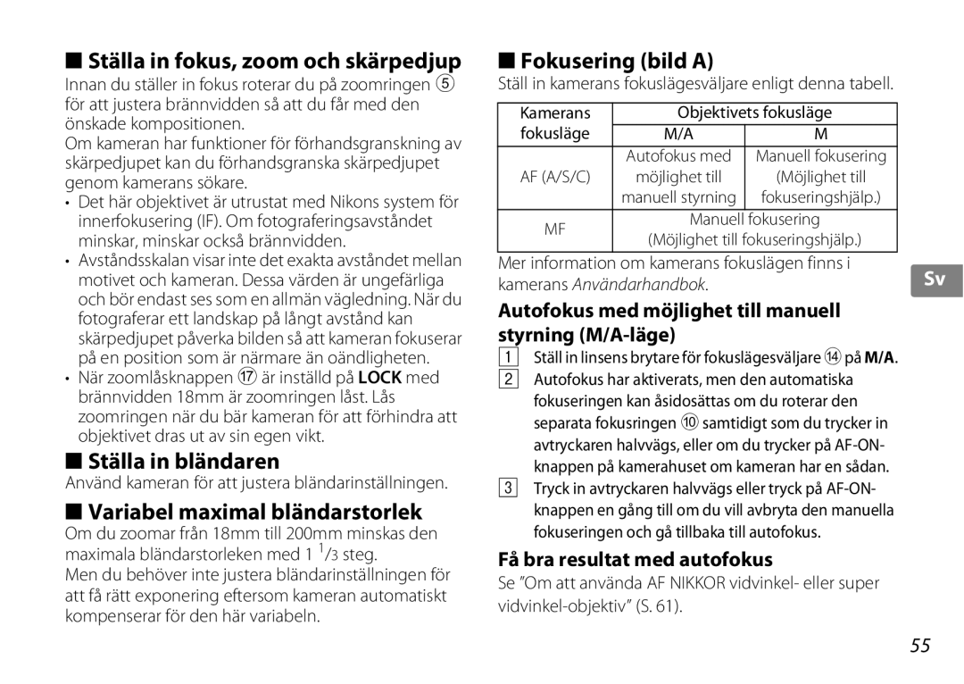 Nikon 2192B Ställa in fokus, zoom och skärpedjup, Ställa in bländaren, Variabel maximal bländarstorlek, Fokusering bild a 