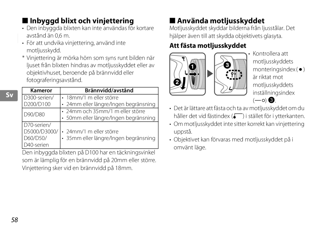 Nikon 2192B user manual Inbyggd blixt och vinjettering, Använda motljusskyddet, Att fästa motljusskyddet, Monteringsindex C 