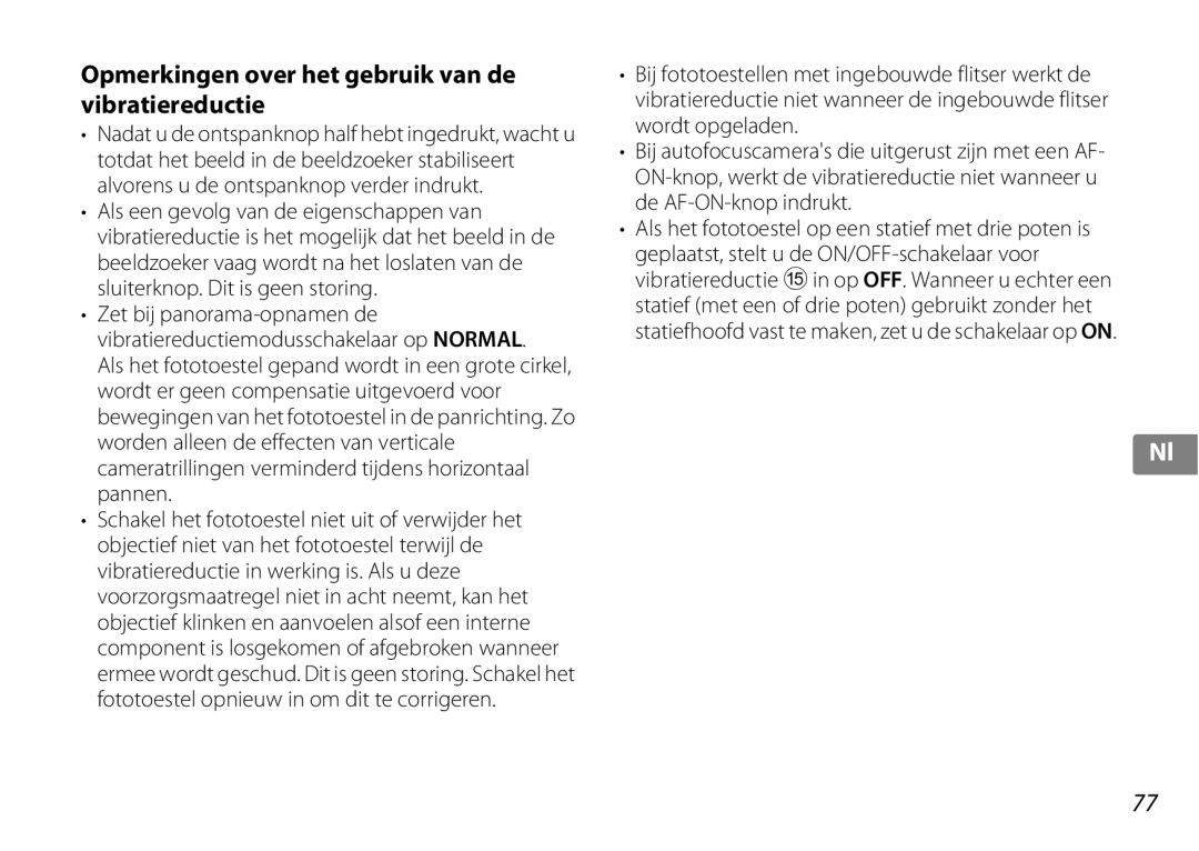 Nikon f/3.5-5.6G ED VR, 2192B user manual Opmerkingen over het gebruik van de vibratiereductie 