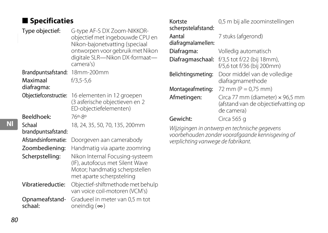 Nikon f/3.5-5.6G ED VR, 2192B user manual Specificaties 