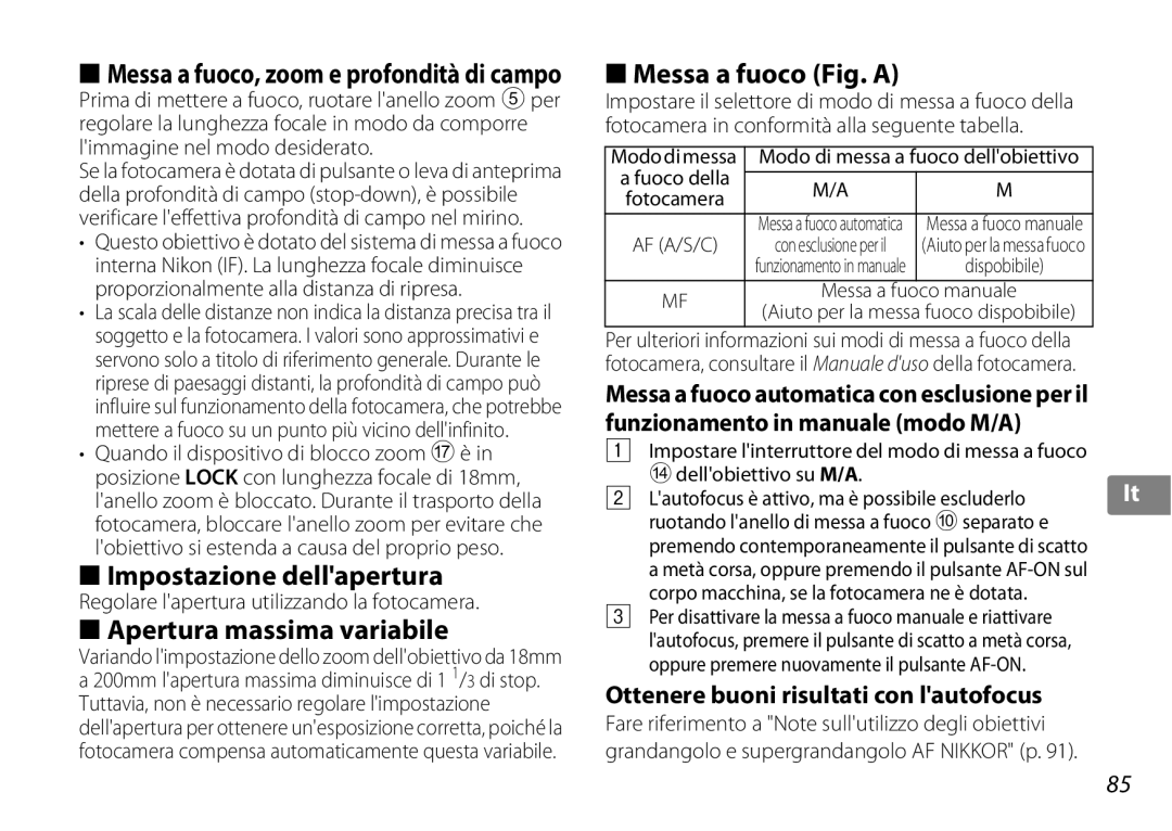 Nikon 2192B, f/3.5-5.6G ED VR user manual Impostazione dellapertura, Apertura massima variabile, Messa a fuoco Fig. a 