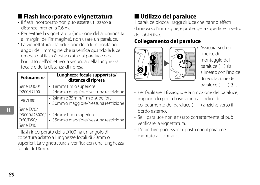 Nikon 2192B, f/3.5-5.6G ED VR user manual Flash incorporato e vignettatura, Utilizzo del paraluce, Collegamento del paraluce 