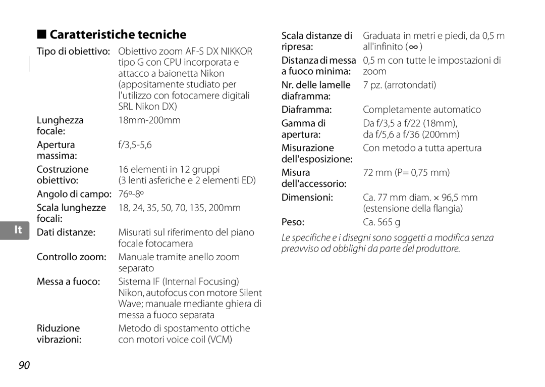Nikon f/3.5-5.6G ED VR, 2192B user manual Caratteristiche tecniche 