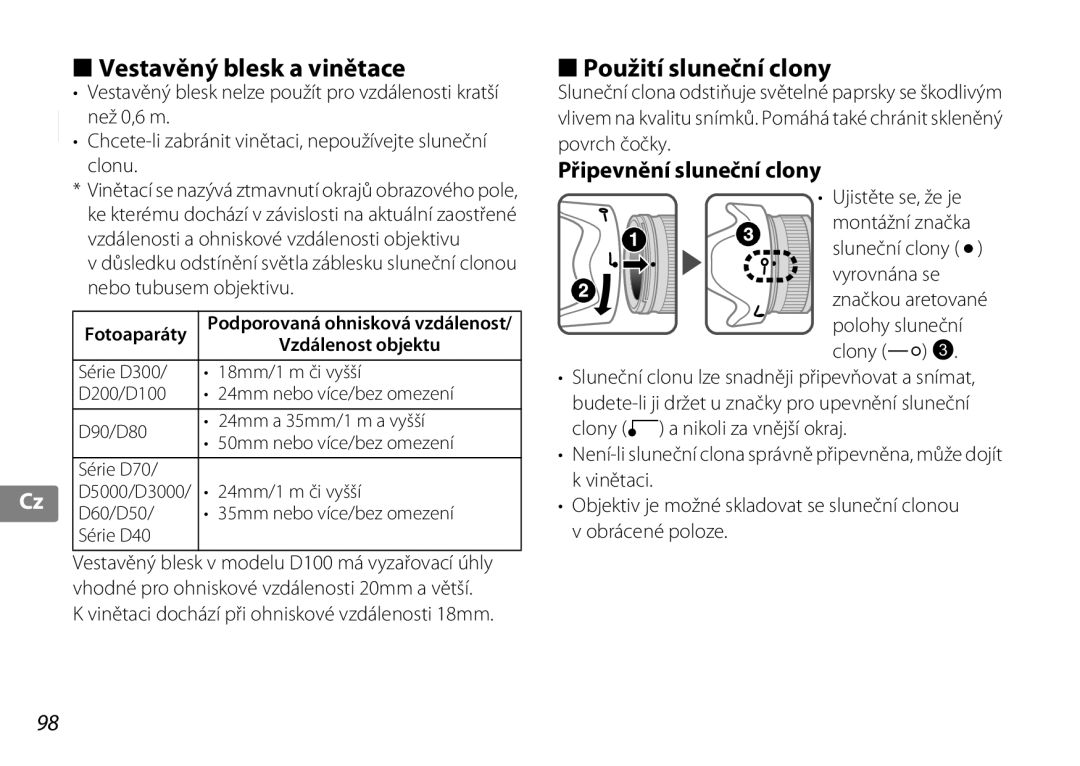 Nikon 2192B user manual Vestavěný blesk a vinětace, Použití sluneční clony, Připevnění sluneční clony, Sluneční clony C 